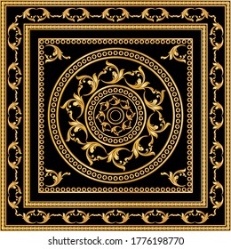 Decorative pattern of golden baroque motif with chains on black  background.EPS10 Illustration.