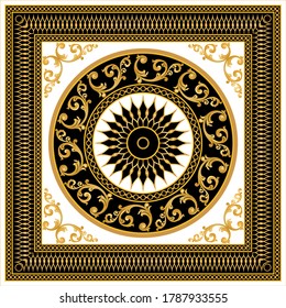 Patrón decorativo de motivos barrocos dorados con cadenas sobre fondo negro. Ilustración EPS10.