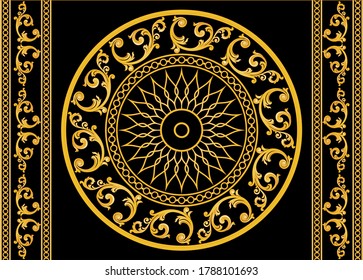 Patrón decorativo de motivos barrocos dorados con cadenas sobre fondo negro. Ilustración EPS10.