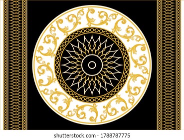 Dekoratives Muster goldener Barockmotive mit Ketten auf schwarzem Hintergrund. EPS10-Illustration.