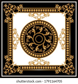 Decorative pattern of golden baroque motif with chains on black background. EPS10 Illustration.