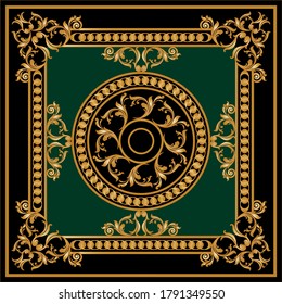 Decorative pattern of golden baroque motif with chains on black background.
