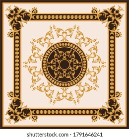 Decorative pattern of golden baroque motif with chains on beige background.