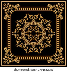 Decorative pattern of golden baroque motif with chains on black background.