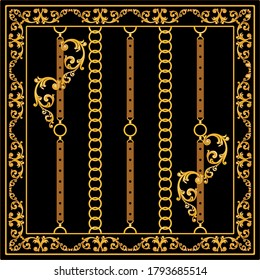 Decorative pattern of golden baroque motif with chains on black background.EPS10 Illustration.