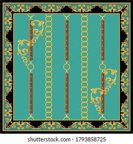 Patrón decorativo de motivos barrocos dorados con cadenas sobre fondo verde.EPS10 Ilustración.