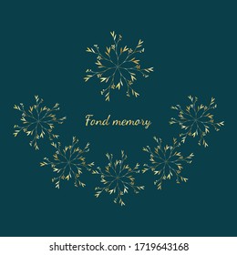 Decoración de flores doradas. Patrón oriental. Flores en estilo doodle. Dibujo manual. La inscripción buena memoria. Objeto aislado en un fondo verde oscuro.