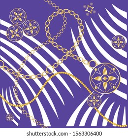 Decorative pattern of golden motif with chains on purple background EPS10 Illustration