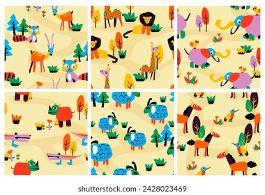 Decorative pattern with hand drawn animals outside. Colorful sketch fauna characters at background decoration collection, vector illustration. Seamless banner set for kids design concept