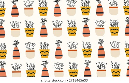 Patrón decorativo de floreros coloridos dibujados a mano sobre un fondo blanco, perfecto para el textil, el Fondo de pantalla y el diseño creativo de la superficie