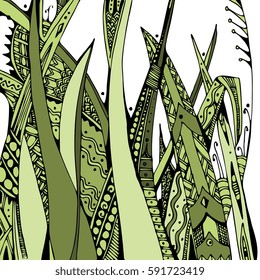 Decorative pattern with hand drawn doodle herbs. Green grass. Vector illustration. 