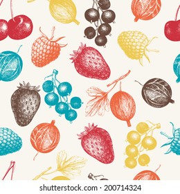 Decorative pattern with hand drawn vintage wild and garden berries. Vintage fruit and berry seamless background