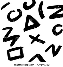 Decorative pattern with handdrawn shapes. Hand painted grungy ink doodles in black and white colors. Trendy endless texture for digital paper, fabric, backdrops, wrapping