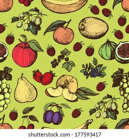 Decorative pattern of hand-made graphics color fruit.  Seamless vintage pattern for fabric, paper and other printing and web projects.