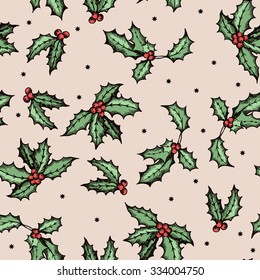 Decorative pattern with holly leaves. Hand drawing. Seamless for fabric design, gift wrapping paper and printing and web projects.