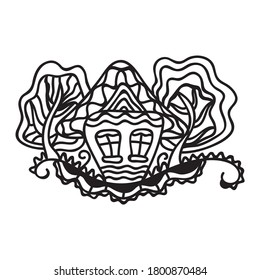Decorative pattern house and trees. Vector illustration
