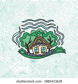 Decorative pattern house and trees. Vector illustration