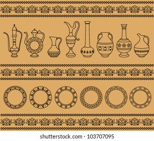 decorative pattern from jugs and dishes on a beige background