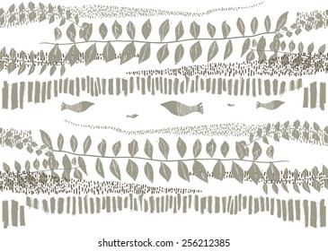 Decorative pattern with leaves, branches and fish