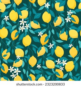 Decorative pattern with lemon fruits, flowers and leaves. Juicy yellow citrus on twigs. Summer vibes, holidays and healthy diet.