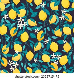 Decorative pattern with lemon fruits, flowers and leaves. Juicy yellow citrus on twigs. Summer vibes, holidays and healthy diet.
