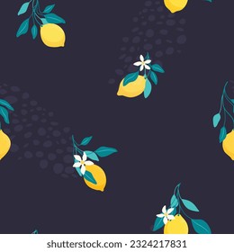 Decorative pattern with lemon fruits, flowers and leaves. Juicy yellow citrus on twigs. Summer vibes, holidays and healthy diet.
