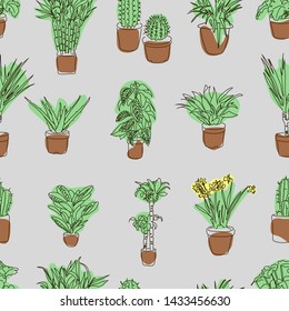 Decorative pattern with a line drawn pot flowers. Endless background with plants and flowers in pots. Indoor flowers. 