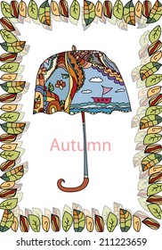 decorative pattern linear umbrella and leaves on a white background