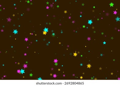 Decorative pattern of multicolor overlapping star shapes, creating confetti effect. Ideal for holiday design with its festive, playful starburst elements.