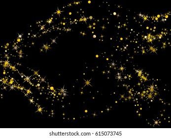Decorative pattern on dark black with golden night sky objects. Cosmic abstract vector background with gold star elements. Glitter confetti, magic shining sparkles design. Suitable for astrology.