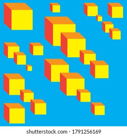 Patrón decorativo con cubos volumétricos amarillo anaranjado sobre fondo azul, diseño plano, estilo futurista, ilustración vectorial.