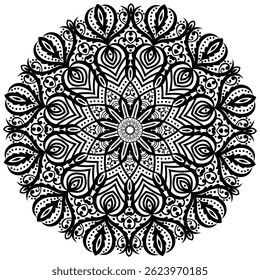 Padrão decorativo em estilo oriental. Mandala de doodle complexo preto em um fundo transparente, para livro de coloração imprimível. 