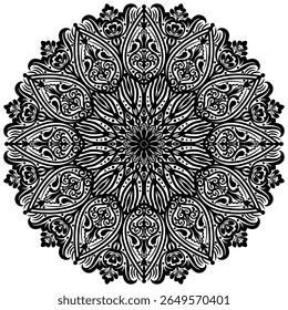 Decorative pattern in oriental style. Black complex doodle mandala on a transparent background, for printable coloring book.   