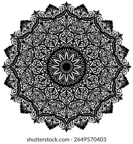 Decorative pattern in oriental style. Black complex doodle mandala on a transparent background, for printable coloring book.   