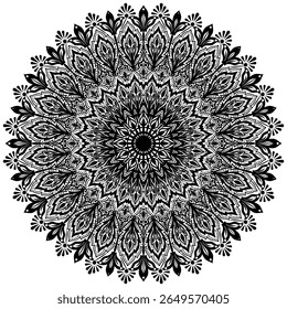 Decorative pattern in oriental style. Black complex doodle mandala on a transparent background, for printable coloring book.   