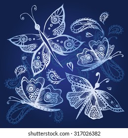 Decorative pattern with paisley-style elements and butterflies, vector illustration