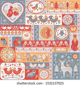 Decorative pattern in patchwork style. Folk style. Ornaments, animals, plants in the Scandinavian style.