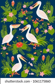 Decorative  pattern with pelicans, tropical flowers and leaves. Poster, card, t-shirt design.