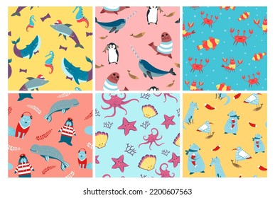 Decorative pattern with polar animal, sea creature. Cute colorful winter character at seamless wildlife fauna, sea star, crab element. Ocean nature, whale, dolphin, penguin, fish and octopus