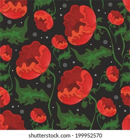 decorative pattern with poppies on a black background. vector
