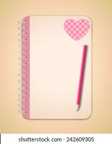 Decorative Pattern red heart on the pink blank page of notebook with pencil