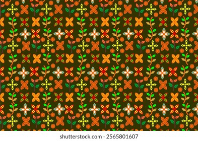 Decorative pattern with a repeating floral and leaf motif. This design looks harmonious, cheerful, and suitable for use on fabric, object background, wallpaper, or other decorations.