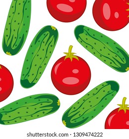Decorative pattern from ripe tomato and cucumber on white background is insulated