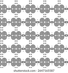 Decorative pattern with rows of symmetrical elements and connecting shapes, forming a structured, tech-inspired design.