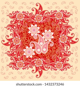 Decorative pattern in russian style. Mandala flowers, paisley and lace ornament in red, pink and golden tones.