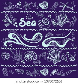 Decorative pattern sea waves with shells and algae, vektor eps 10