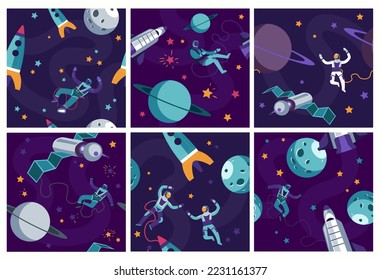 Decorative pattern set with astronaut exploration. Spaceman person character at space near rocket, planet, vector illustration. Shuttle flight at moon, background decoration collection