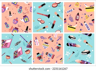 Decorative pattern set with beauty product element. Background decoration with female cosmetic, vector illustration. Cream, brush, eyeshadow palette at template seamless element collection