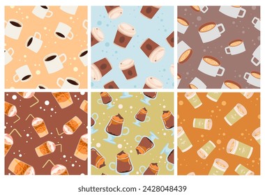 Decorative pattern set with coffee cup elements. Seamless banner collection with beverage mug, paper cups from cafe, vector illustration. Colorful background decoration with aromatic drink