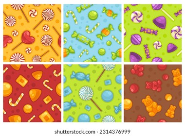 Decorative pattern set with colorful sweet candies. Background decoration collection with delicious sweet food, vector illustration. Lollipops, chocolate and gummy bears at seamless banner